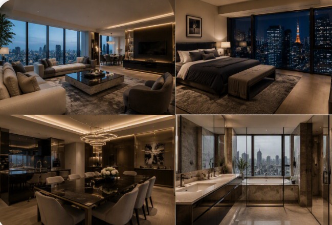 Executive Interior Showcase - Living Room, Tokyo Tower View Master Suite, Dining & Luxury Bathroom